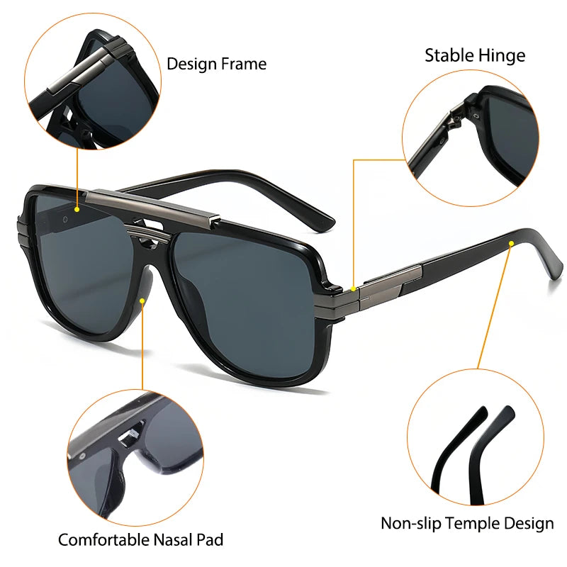 Lunettes de Soleil Homme Luxe Double Pont Pilote UV400 - Retro Carré